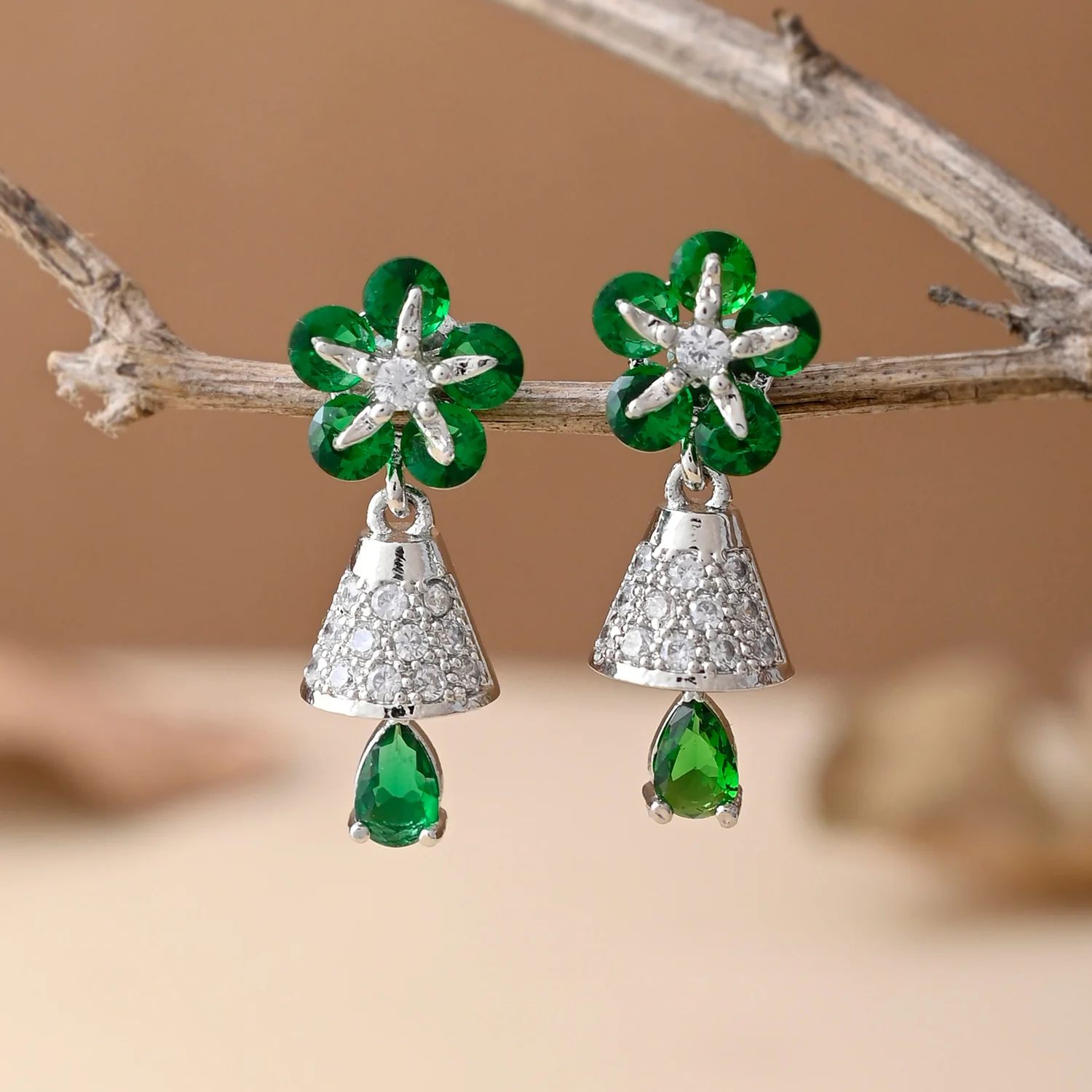 Sparkling Elegance Green And White Cz Casual Drop Earrings