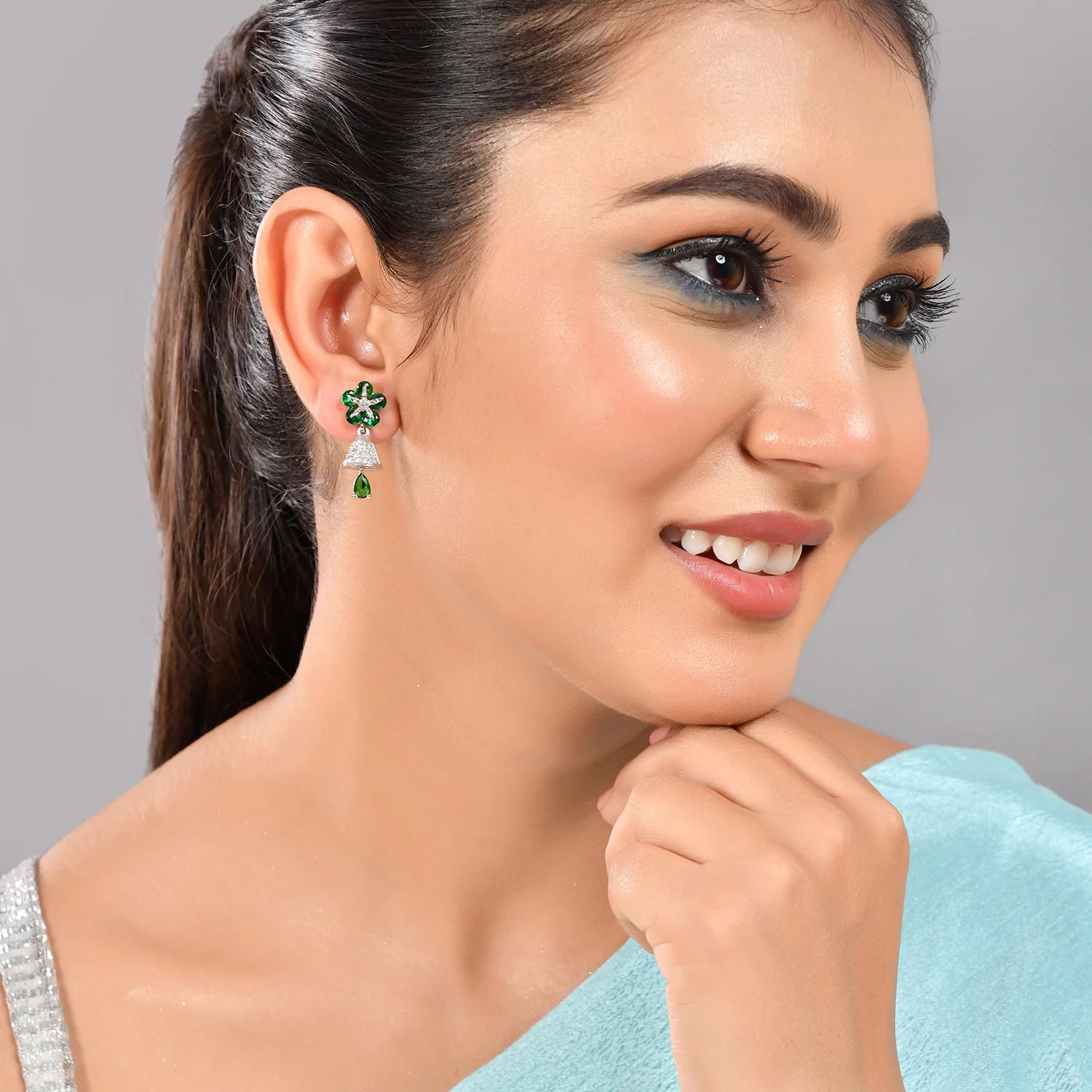 Sparkling Elegance Green And White Cz Casual Drop Earrings - Image 2