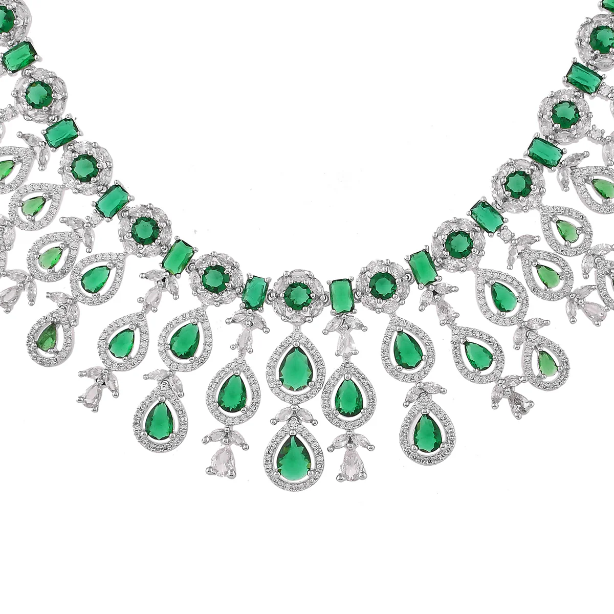 Sparkling Elegance Green and White CZ Cutwork Jewellery Set - Image 4