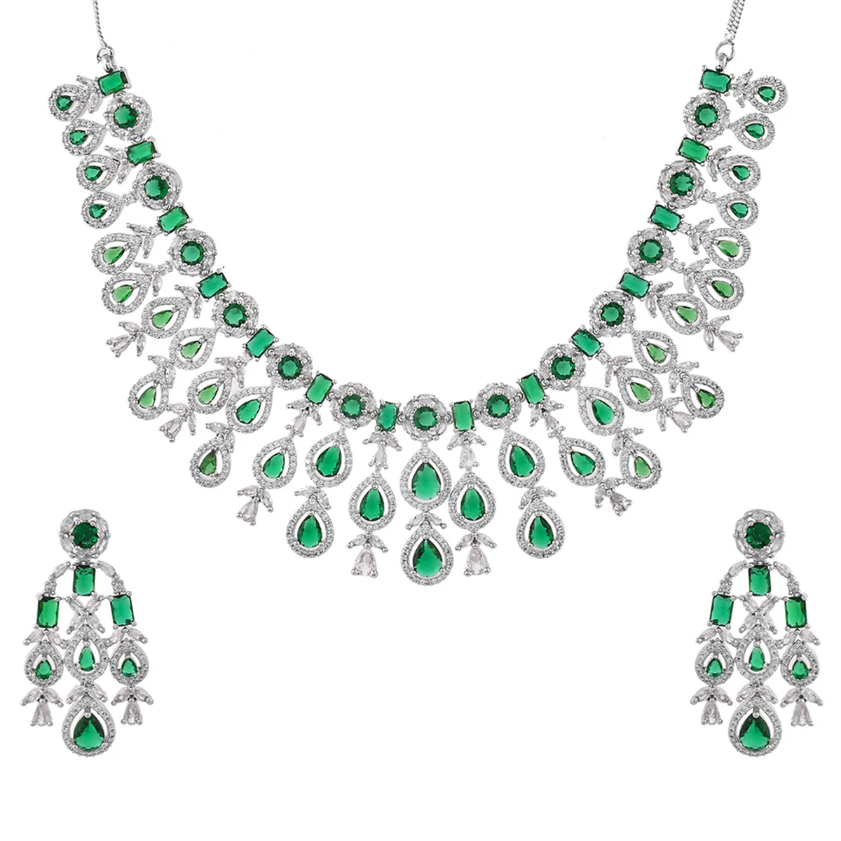Sparkling Elegance Green and White CZ Cutwork Jewellery Set - Image 5
