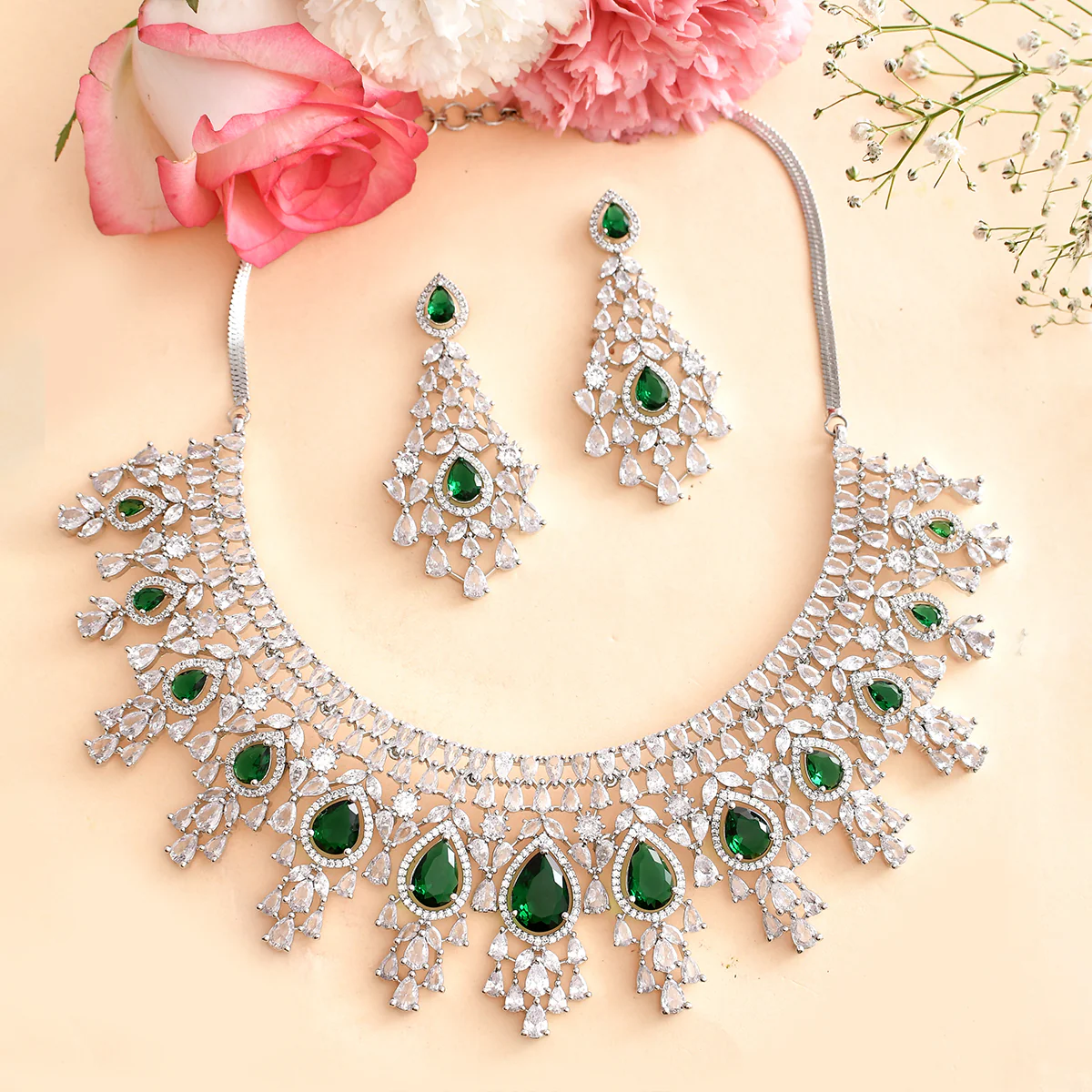 Sparkling Elegance Green and White CZ Jewellery Set