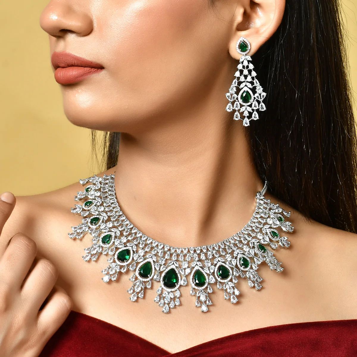 Sparkling Elegance Green and White CZ Jewellery Set - Image 2