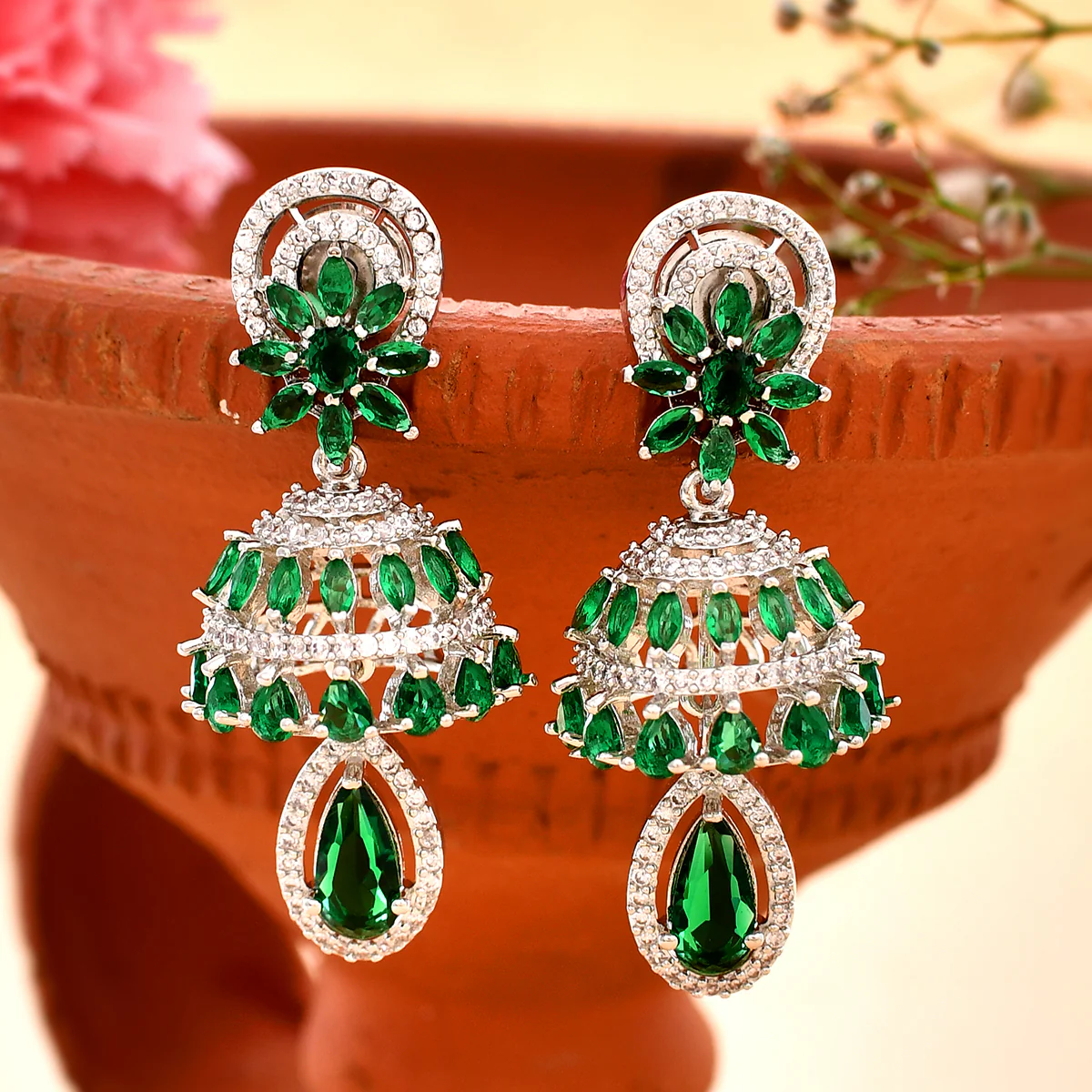 Sparkling Elegance Green and White CZ Jhumka Earrings