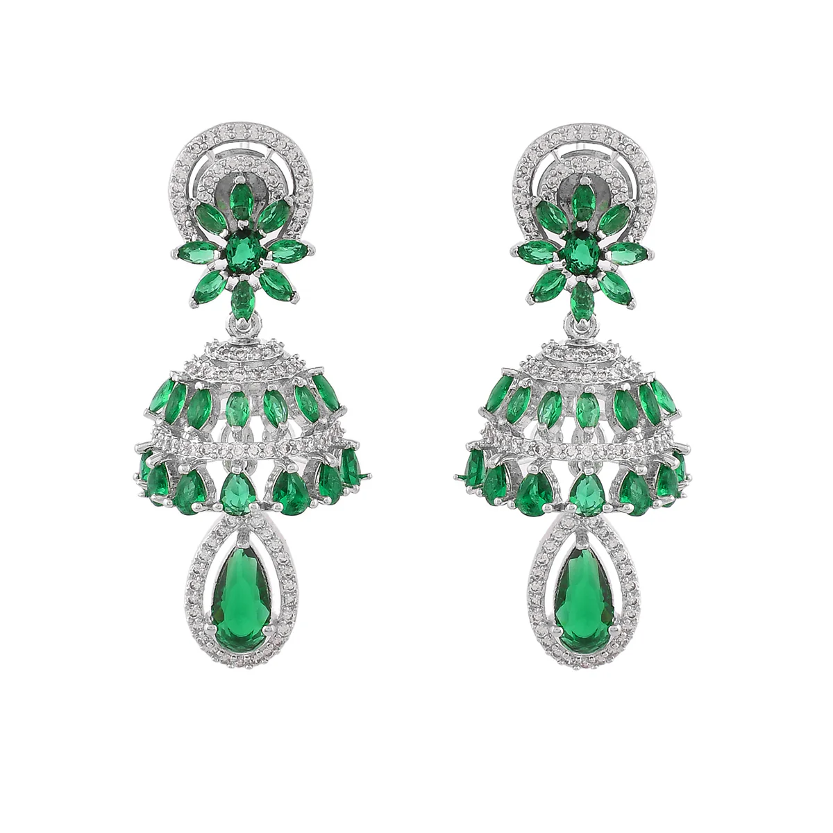 Sparkling Elegance Green and White CZ Jhumka Earrings - Image 5