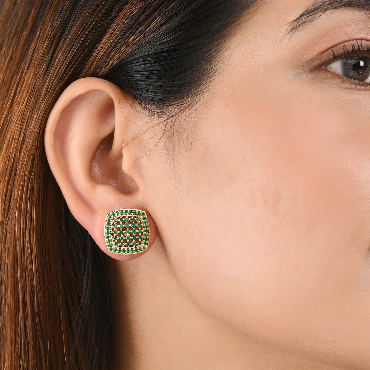 Sparkling Elegance Green Round Cut CZ Adorned Brass Gold Plated Square Earrings - Image 2