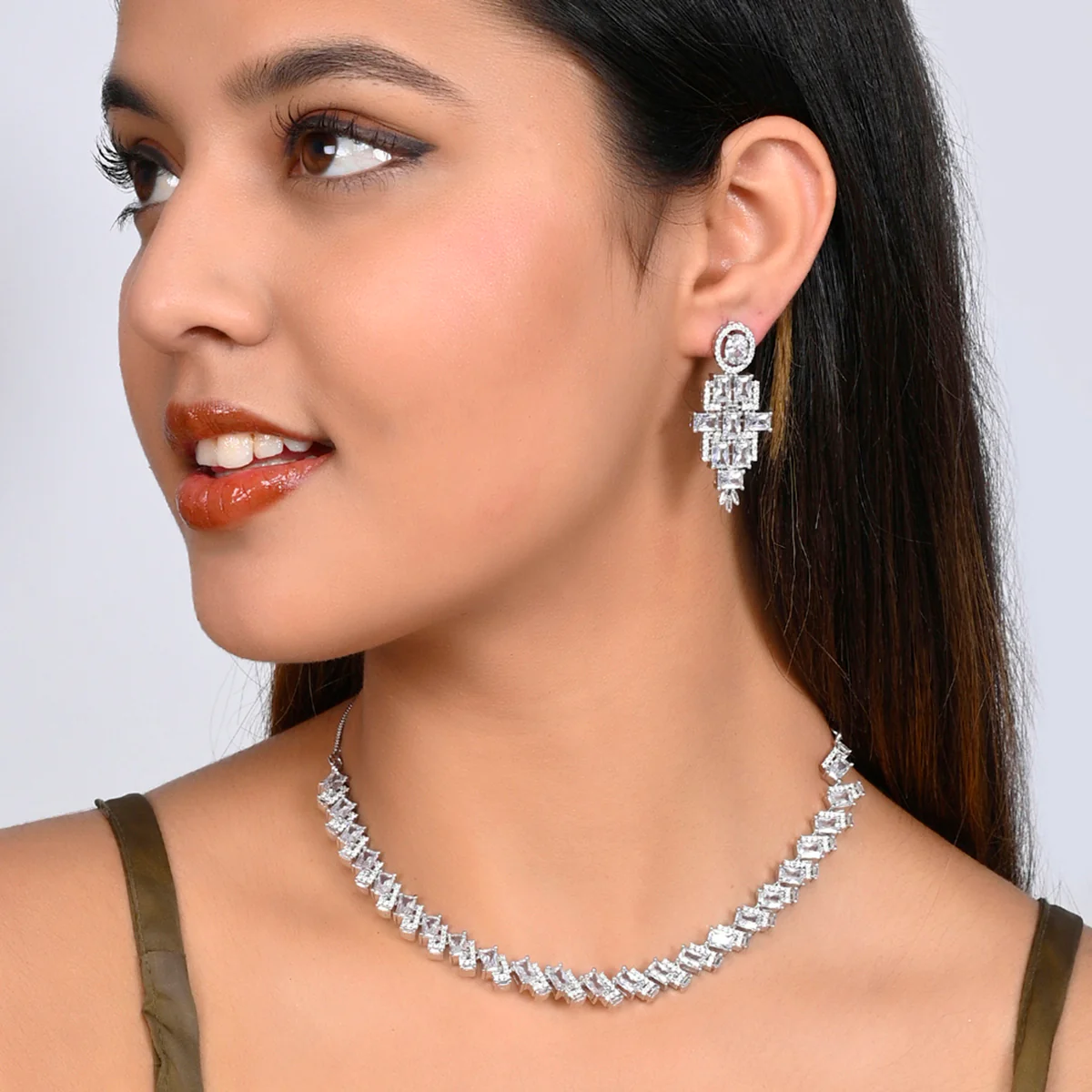 Sparkling Elegance Heavy Embellished CZ Jewellery Set | Voylla - Image 2