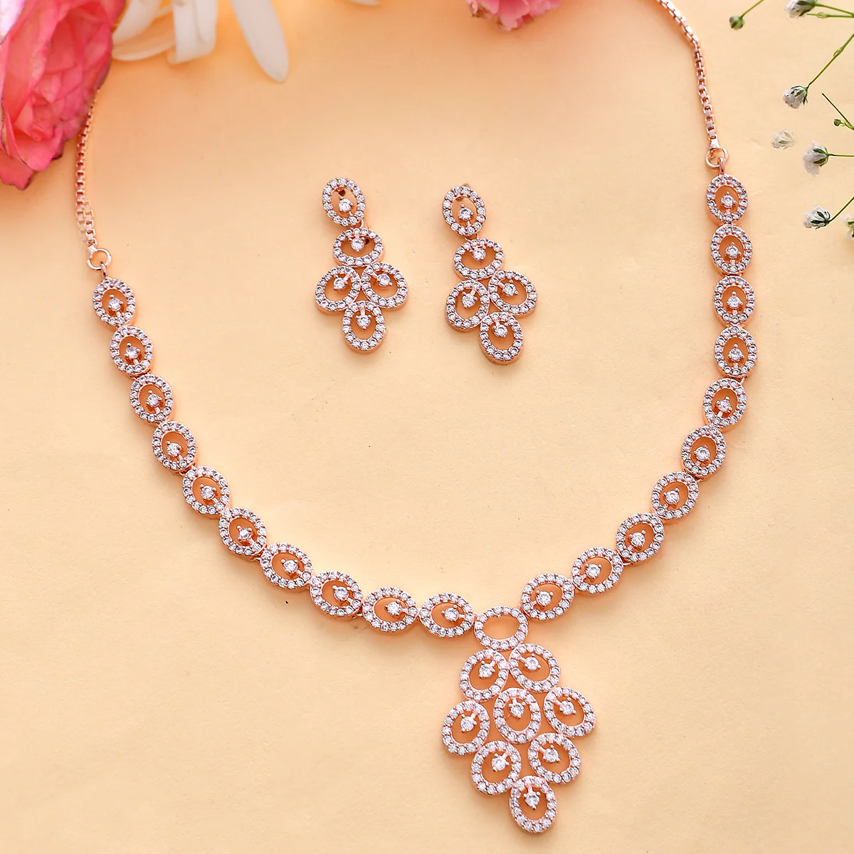 Sparkling Elegance Heavily Embellished Rose Gold Plated Jewellery Set - Image 2