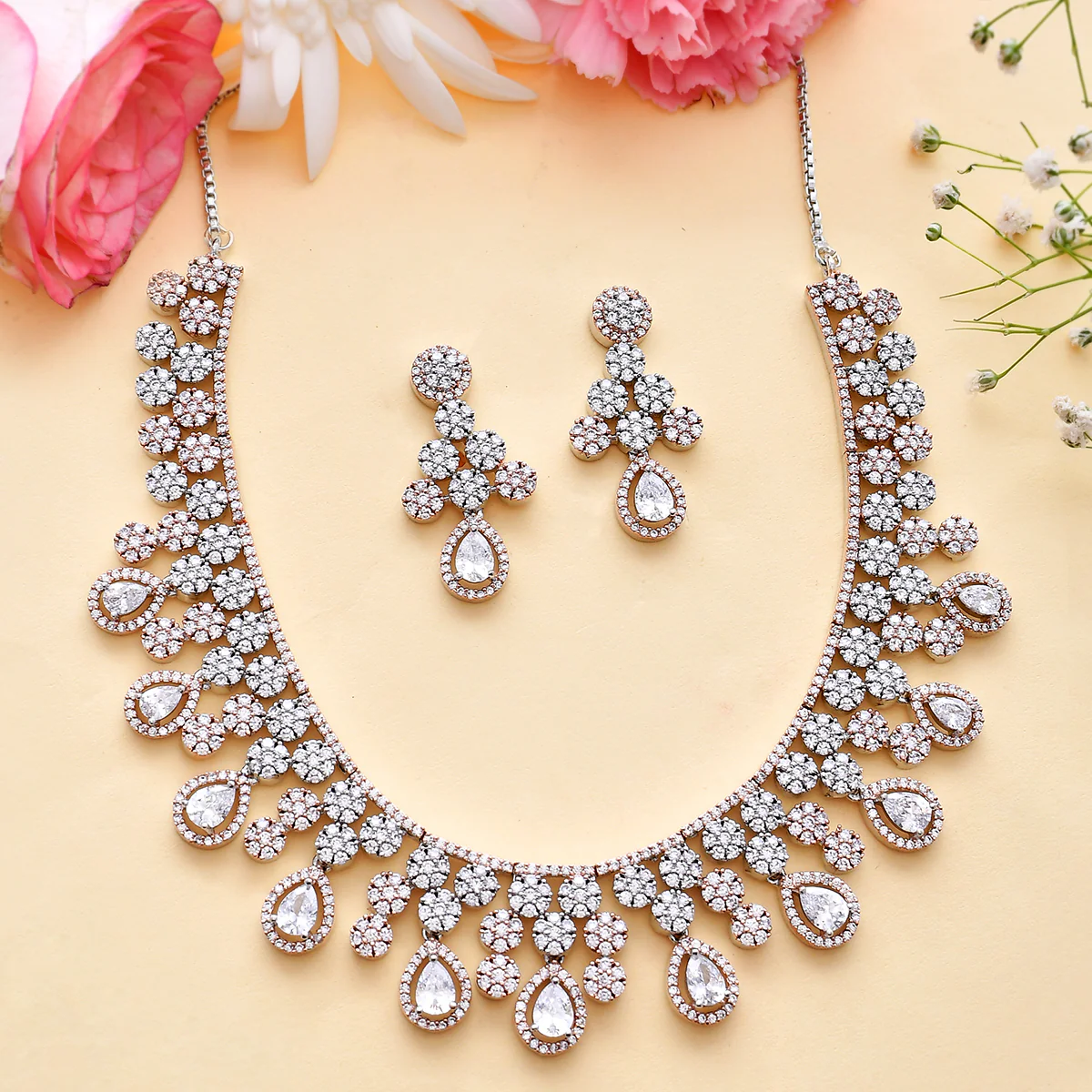 Sparkling Elegance Heavily Embellished Round Cut Zircon Jewellery Set