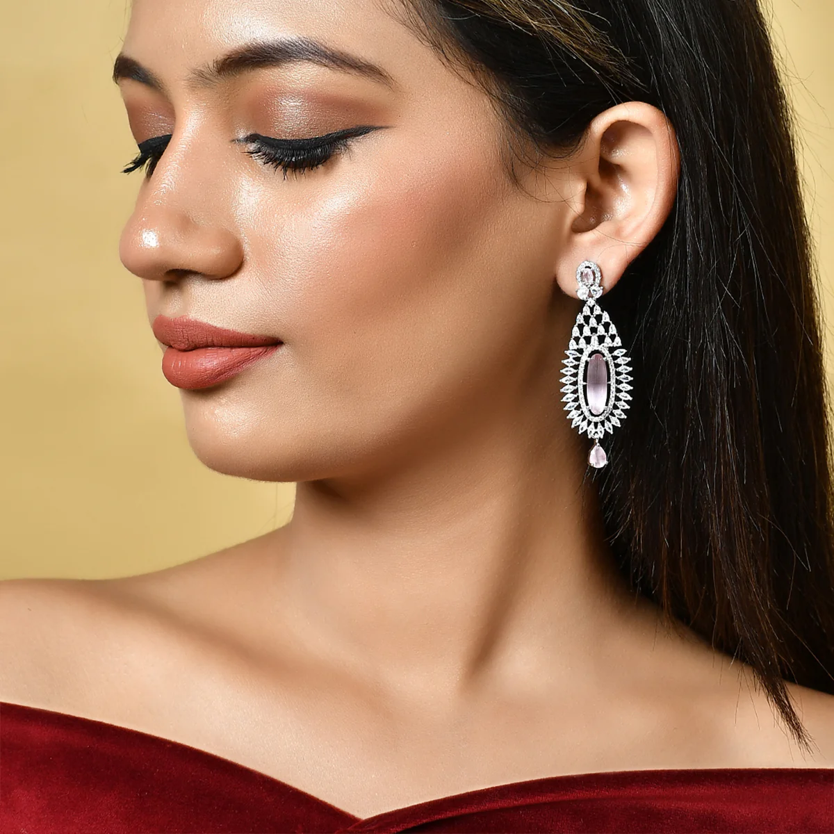 Sparkling Elegance Light Pink and White CZ Chandelier Earrings - Image 2