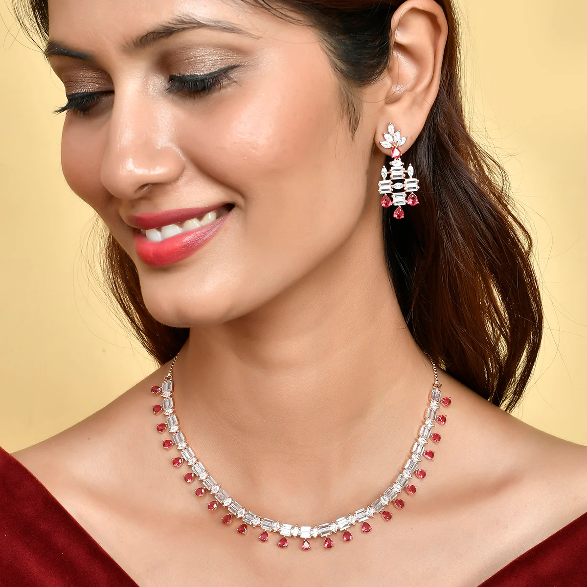 Sparkling Elegance Long Necklace Red and White CZ Jewellery Set - Image 2