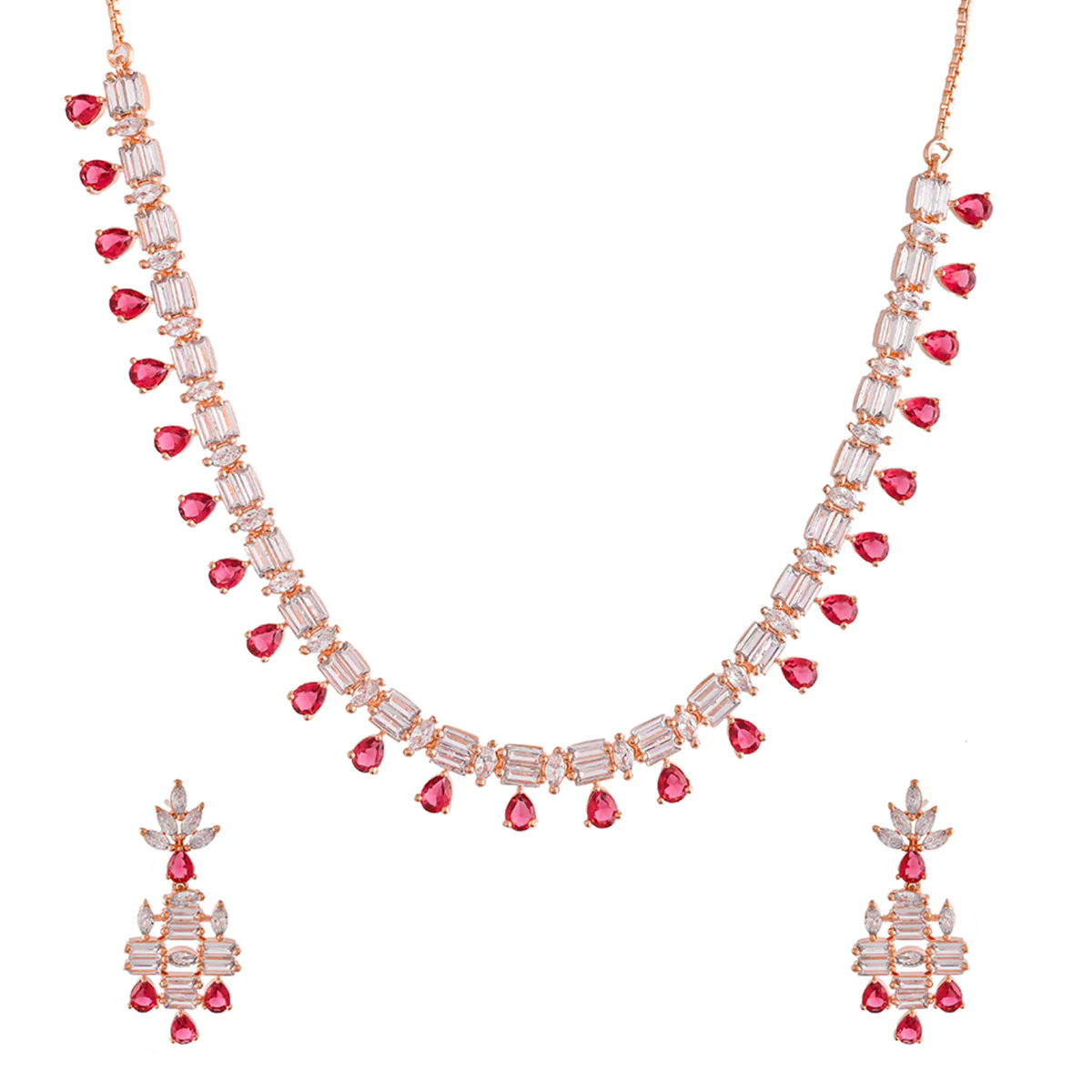 Sparkling Elegance Long Necklace Red and White CZ Jewellery Set - Image 3
