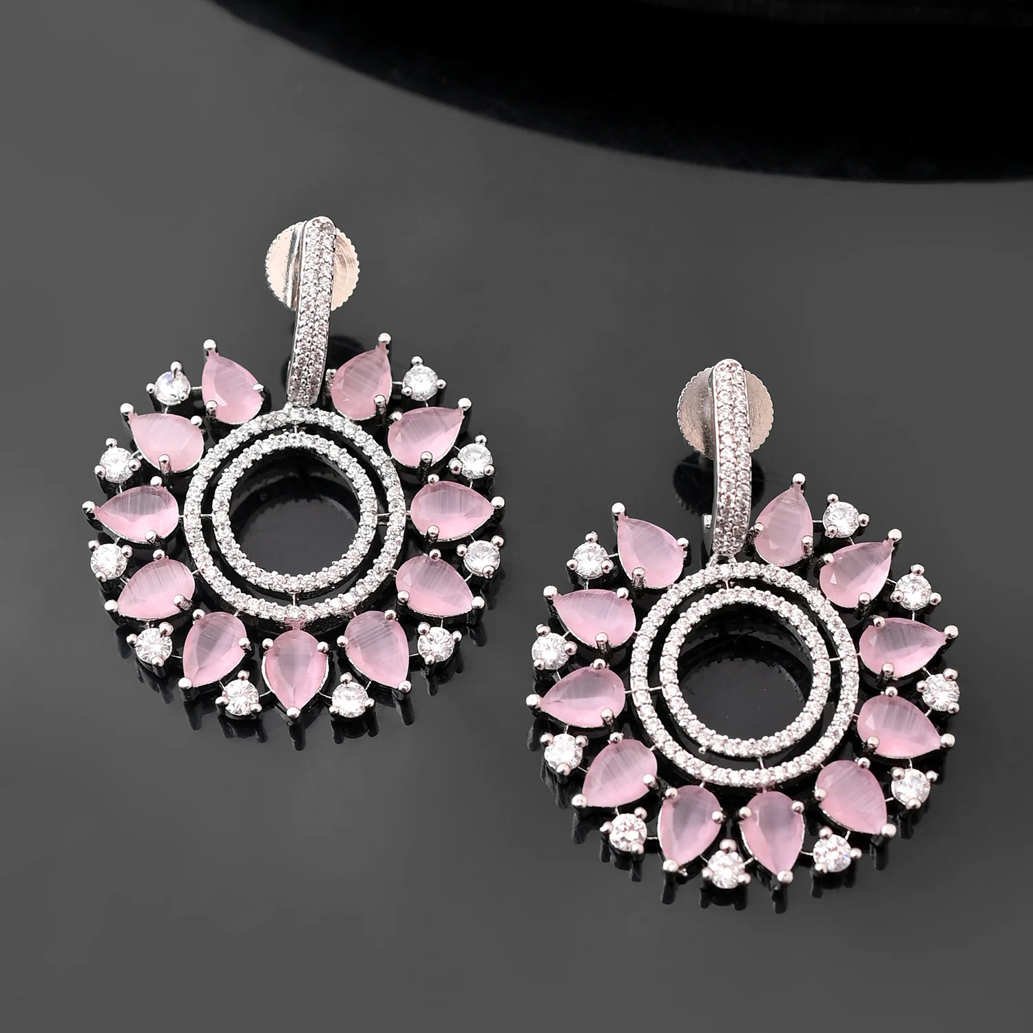 Sparkling Elegance Majestic Charm Pink Teardrop American Diamond Earrings