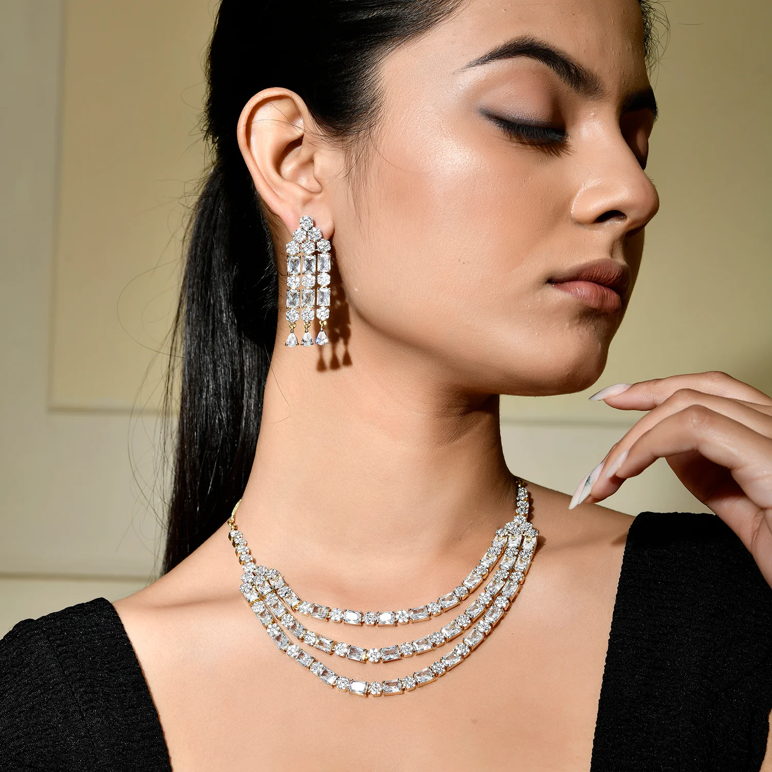 Sparkling Elegance Majestic Layers Gold American Diamond Necklace Set - Image 2