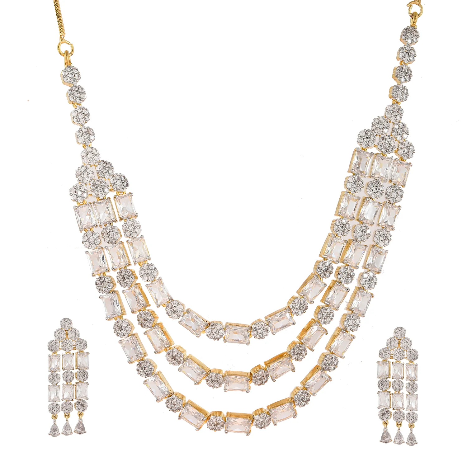 Sparkling Elegance Majestic Layers Gold American Diamond Necklace Set - Image 3