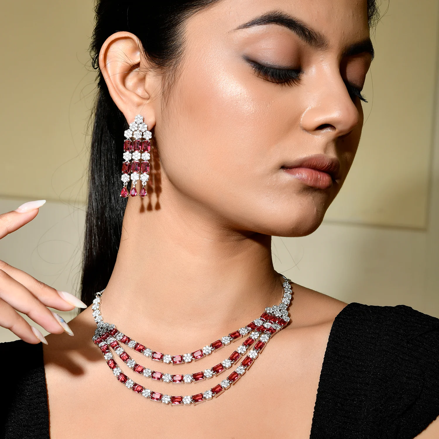 Sparkling Elegance Majestic Layers Red American Diamond Necklace Set - Image 2