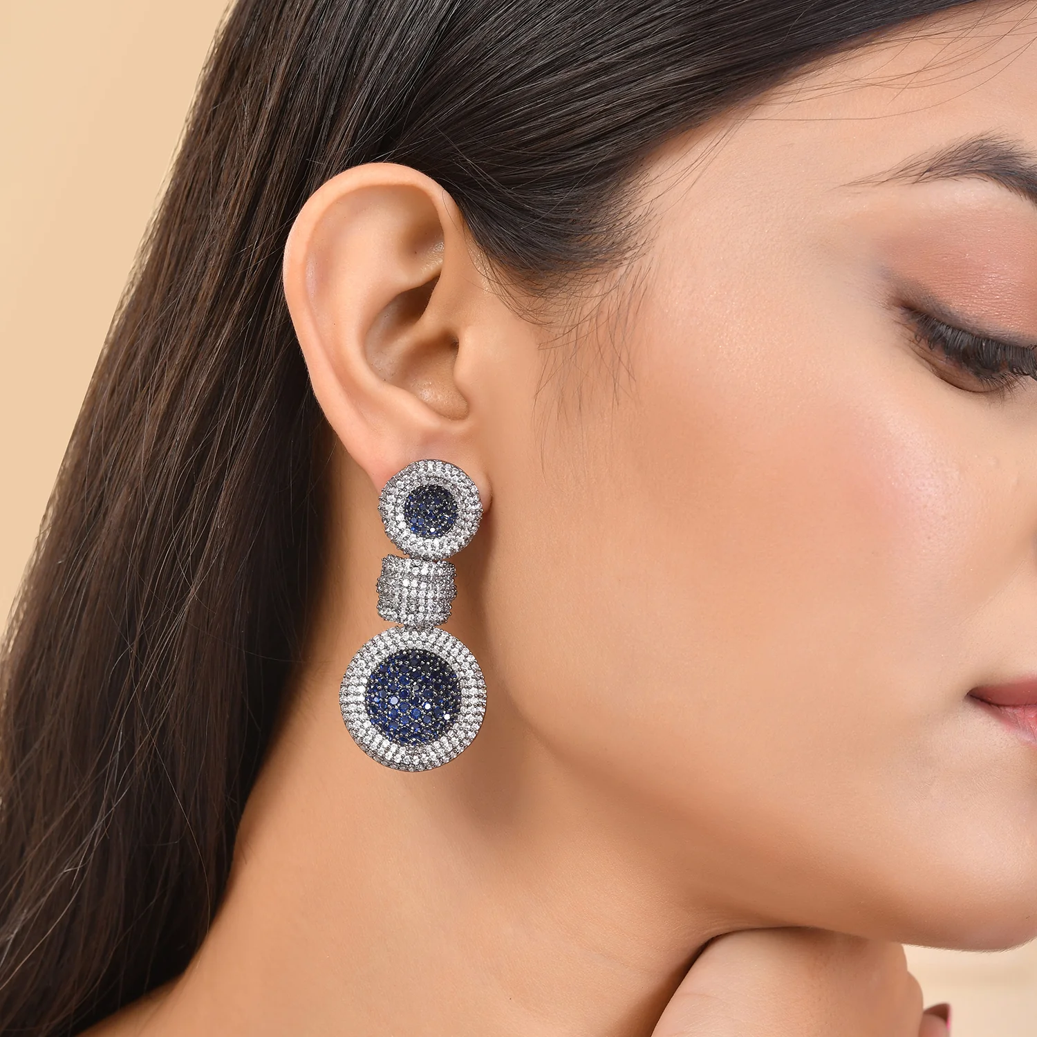 Sparkling Elegance Midnight Blue American Diamond Earrings - Image 2