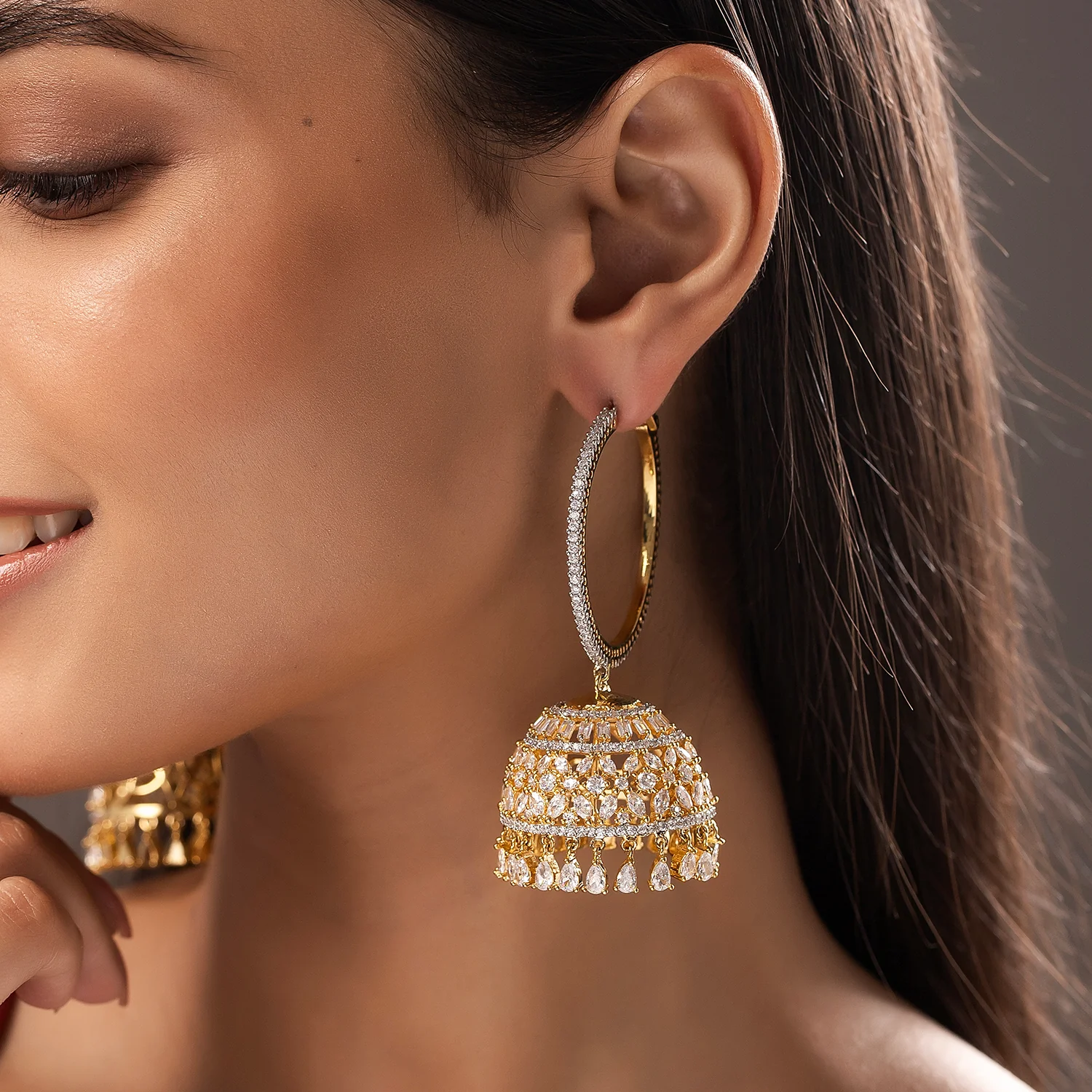 Sparkling Elegance Noor Timeless American Diamond Jhumki Earrings - Image 3