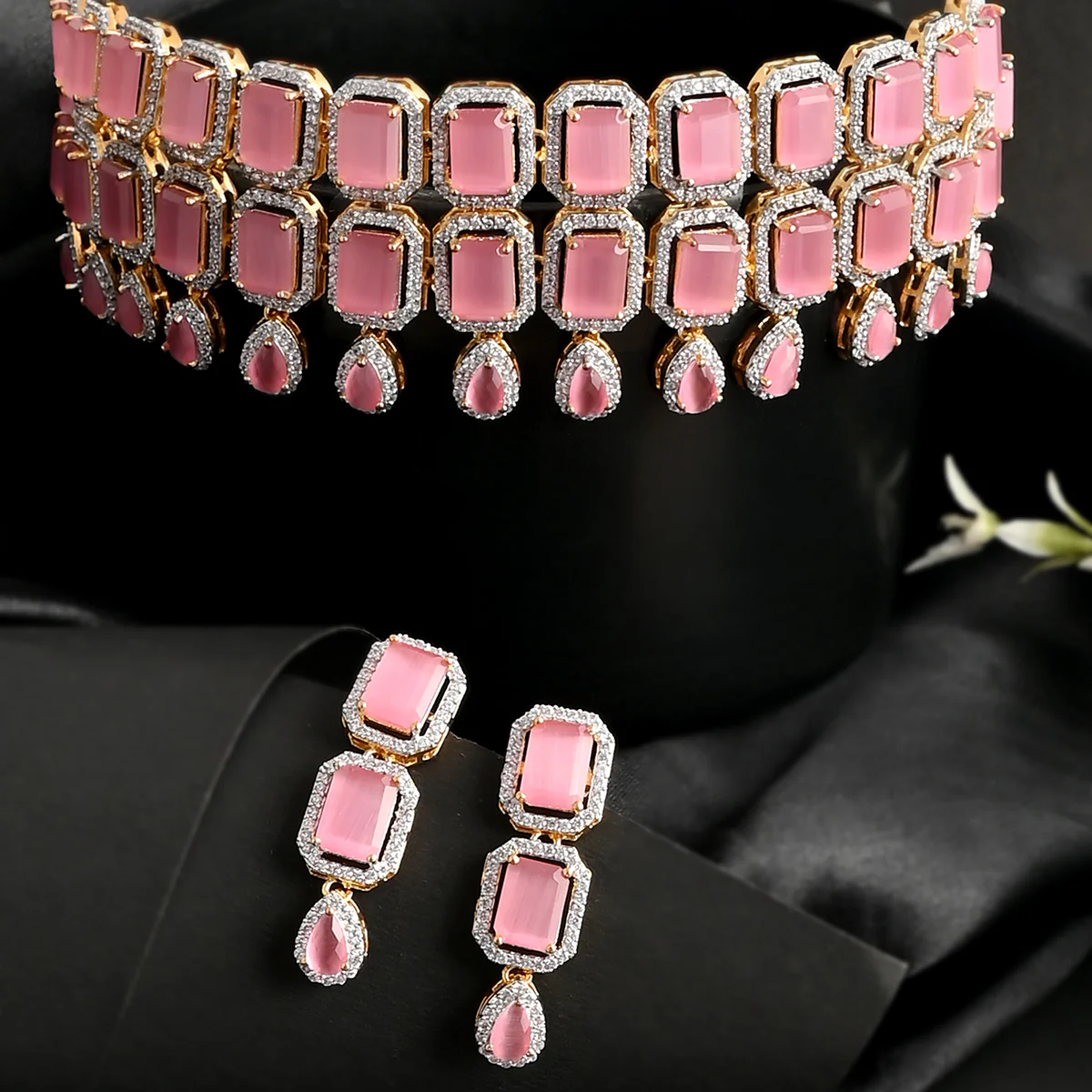 Sparkling Elegance Opulent Emerald Cut Zircons Gold Plated Jewellery Set