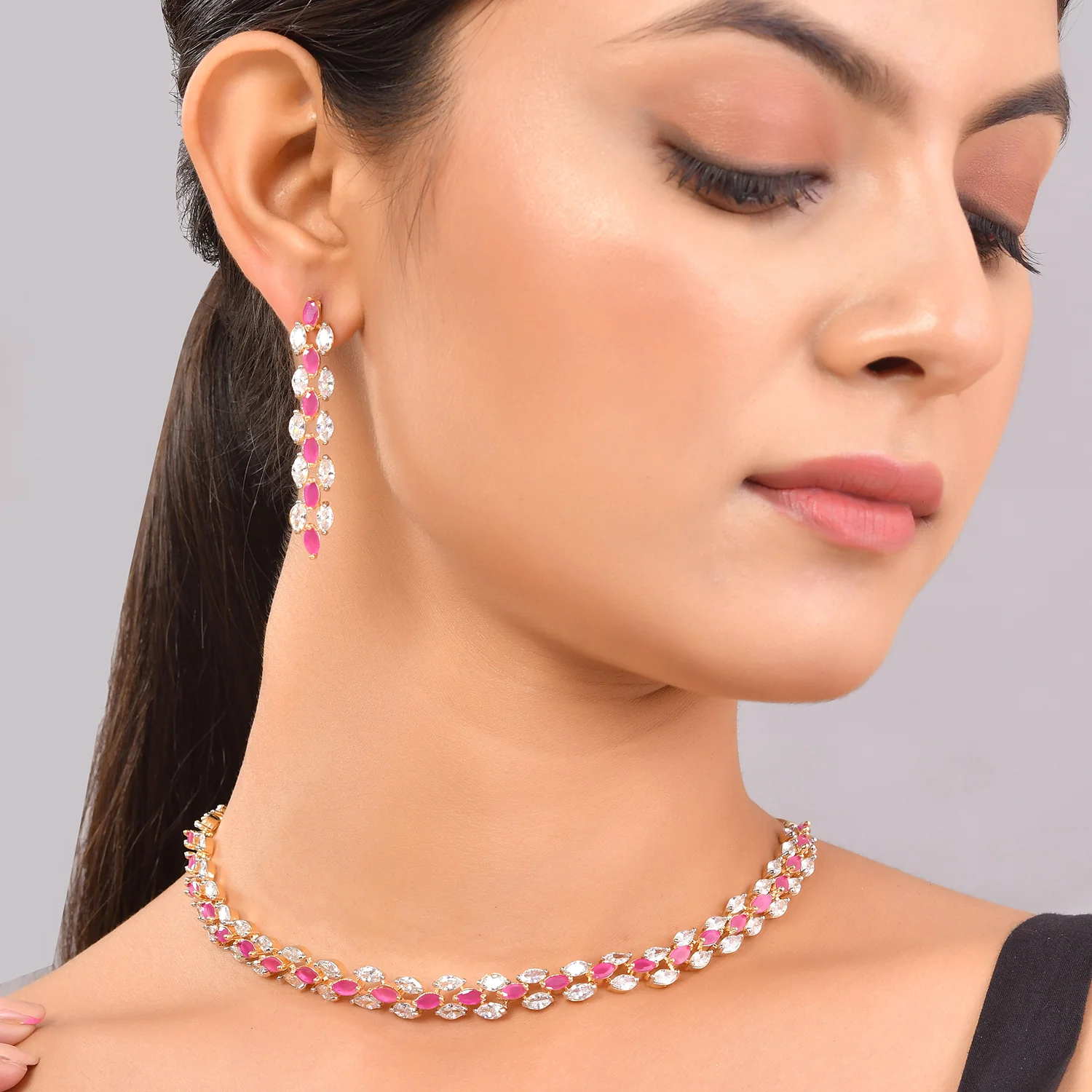 Sparkling Elegance Opulent Pink American Diamond Necklace Set - Image 2