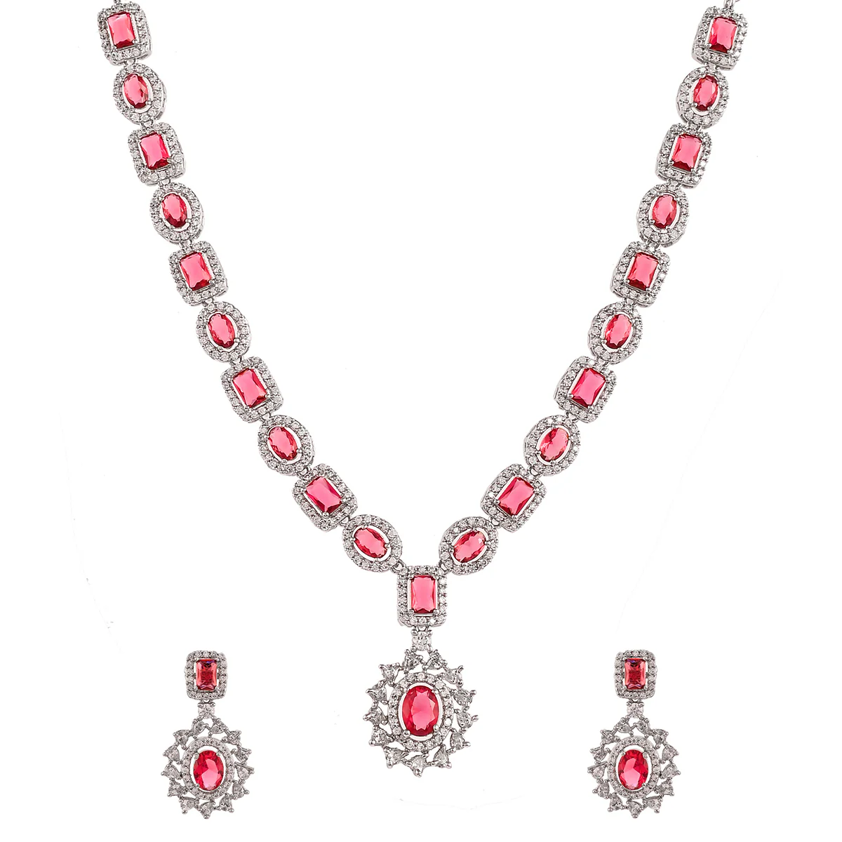 Sparkling Elegance Oval and Square Cut Zircons Adorned Brass Silver Plated Jewellery Set - Image 4