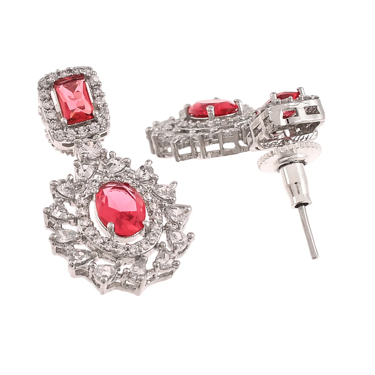 Sparkling Elegance Oval and Square Cut Zircons Adorned Brass Silver Plated Jewellery Set - Image 5