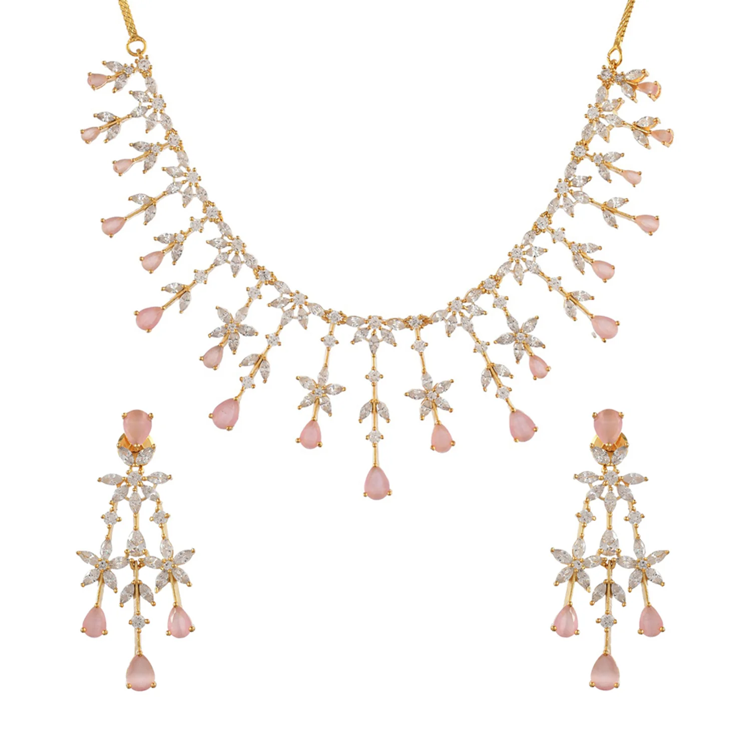 Sparkling Elegance Pale Pink And White Cluster Setting Cz Jewellery Set - Image 3