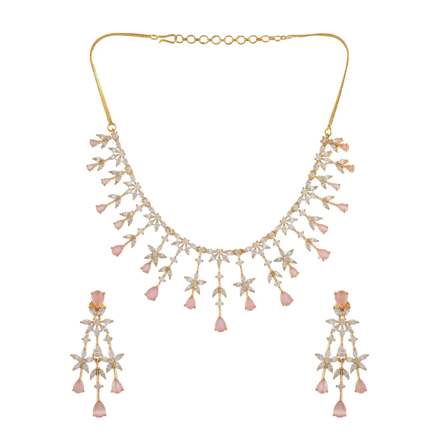 Sparkling Elegance Pale Pink And White Cluster Setting Cz Jewellery Set - Image 4