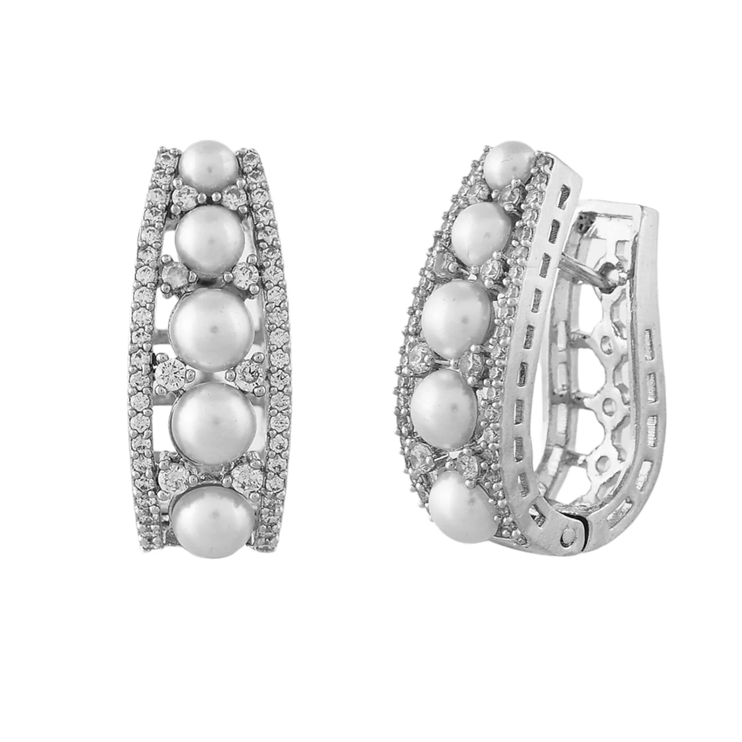 Sparkling Elegance Pearl Accents Classic Gold Hoop Stud Earrings - Image 3