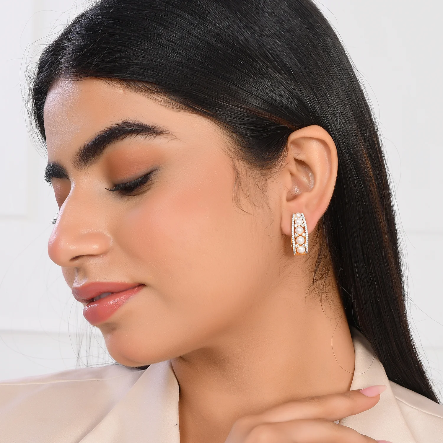 Sparkling Elegance Pearl Accents Classic Silver Hoop Stud Earrings - Image 2