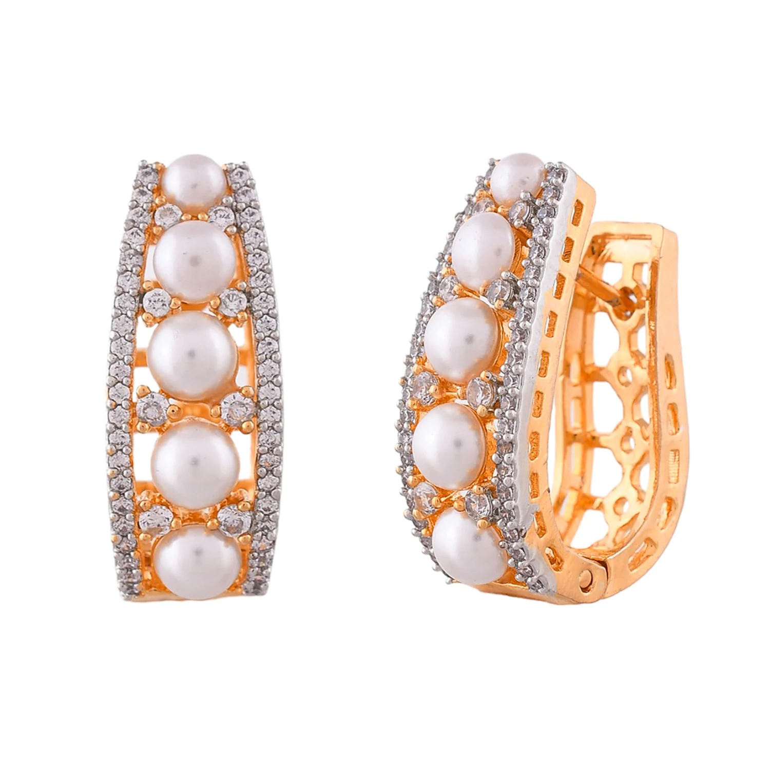 Sparkling Elegance Pearl Accents Classic Silver Hoop Stud Earrings - Image 3