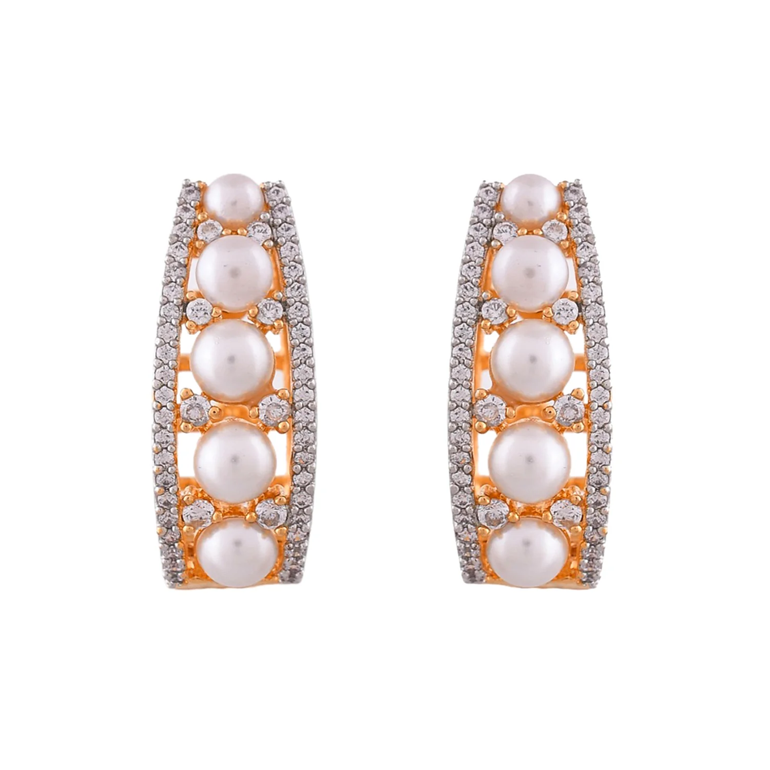 Sparkling Elegance Pearl Accents Classic Silver Hoop Stud Earrings - Image 4