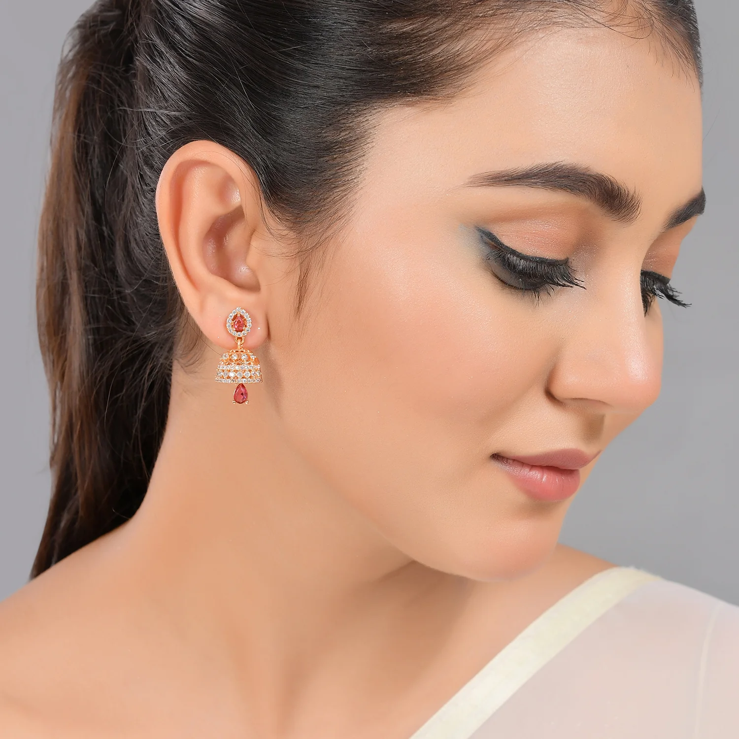 Sparkling Elegance Pink And Green Cz Jhumka Earrings Combo - Image 3