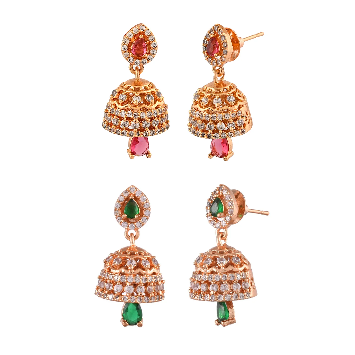 Sparkling Elegance Pink And Green Cz Jhumka Earrings Combo - Image 4