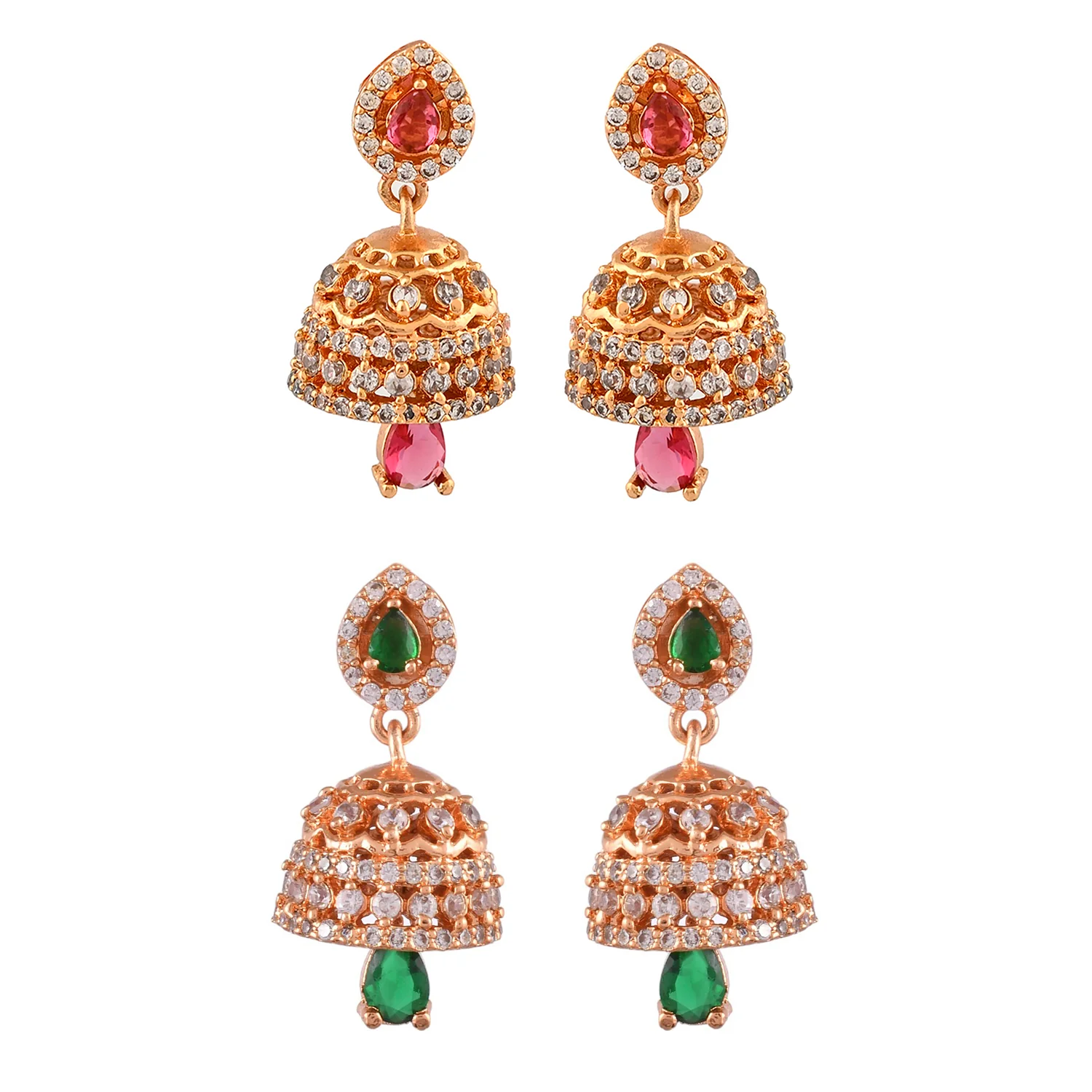 Sparkling Elegance Pink And Green Cz Jhumka Earrings Combo - Image 5