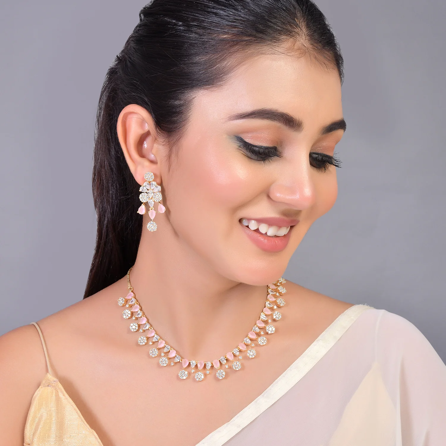 Sparkling Elegance Pink And White Cluster Setting Cz Jewellery Set - Image 2