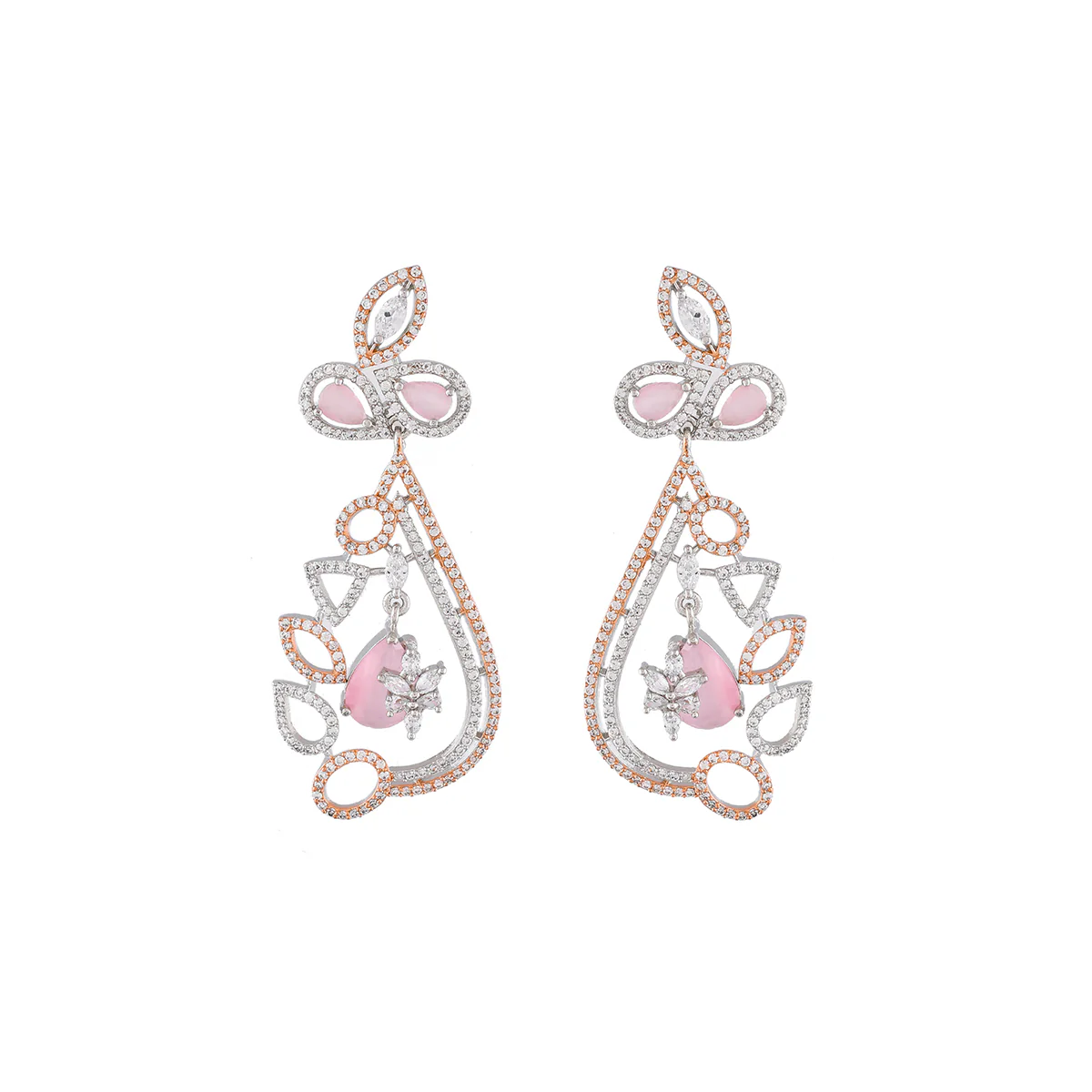 Sparkling Elegance Pink and White CZ Floral Drop Earrings - Image 3