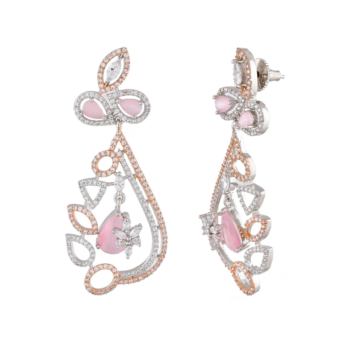 Sparkling Elegance Pink and White CZ Floral Drop Earrings - Image 4