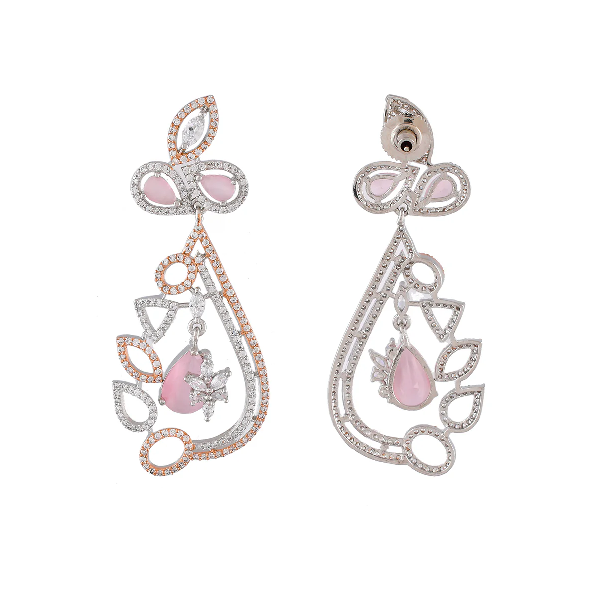Sparkling Elegance Pink and White CZ Floral Drop Earrings - Image 5