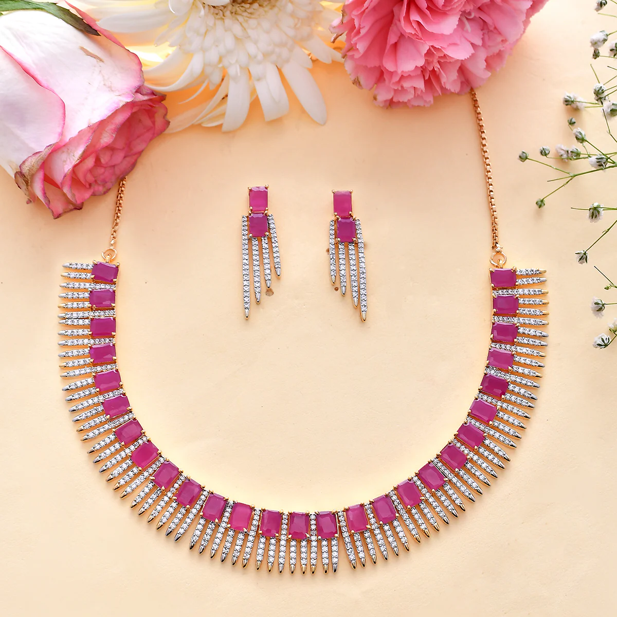Sparkling Elegance Pink and White CZ Jewellery Set