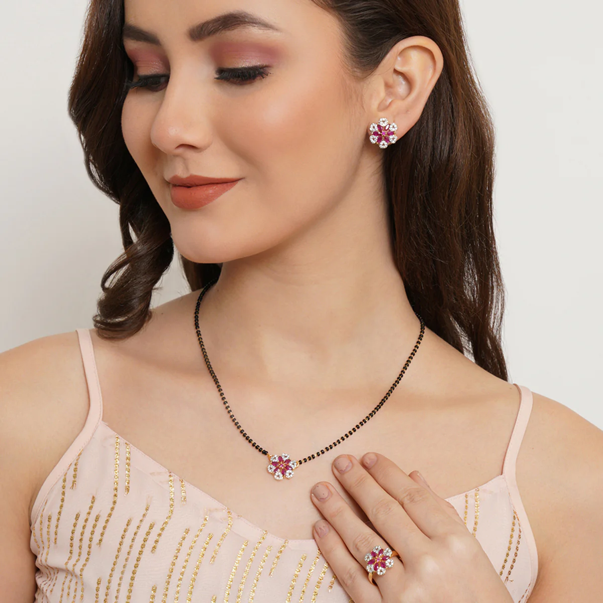 Sparkling Elegance Pink and White CZ Mangalsutra Set - Image 2