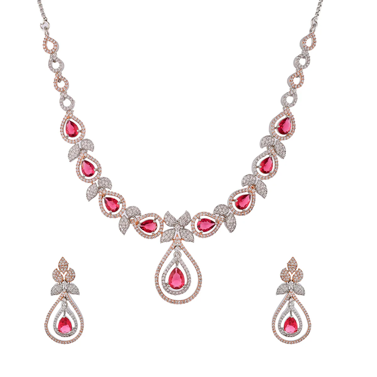 Sparkling Elegance Pink and White Teardrop Cut CZ Jewellery Set - Image 3
