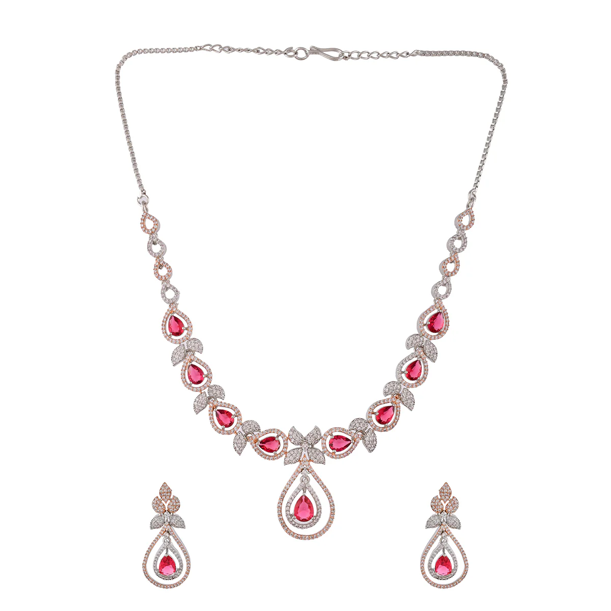 Sparkling Elegance Pink and White Teardrop Cut CZ Jewellery Set - Image 4