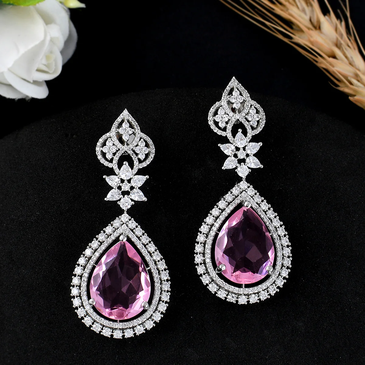 Sparkling Elegance Pink Cz Adorned Tear Drop Shaped Earrings