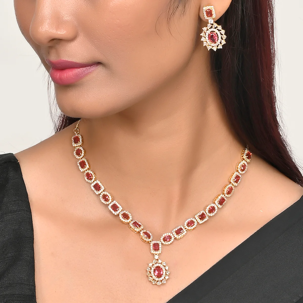 Sparkling Elegance Pink Emerald Cut Zircons Gold Plated Brass Jewellery Set - Image 2