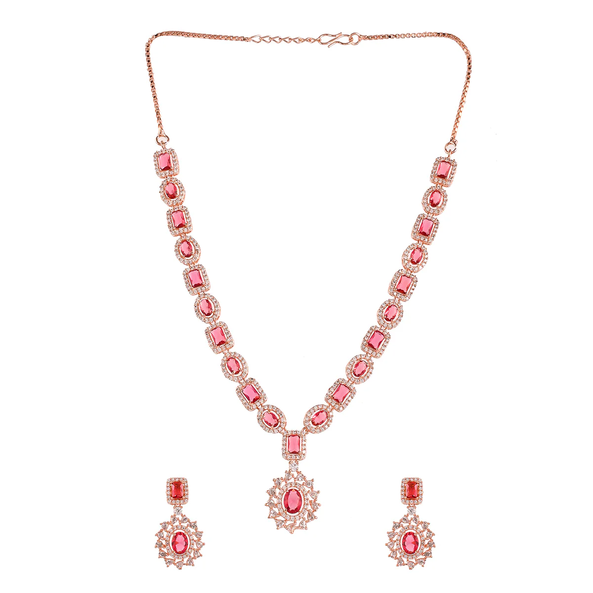 Sparkling Elegance Pink Emerald Cut Zircons Gold Plated Brass Jewellery Set - Image 3