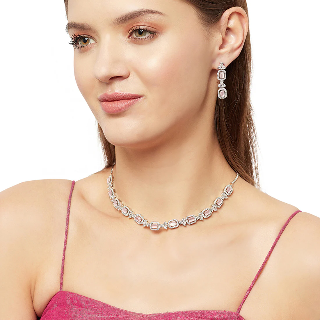 Sparkling Elegance Pink Gem Studded Classic Necklace Set - Image 2