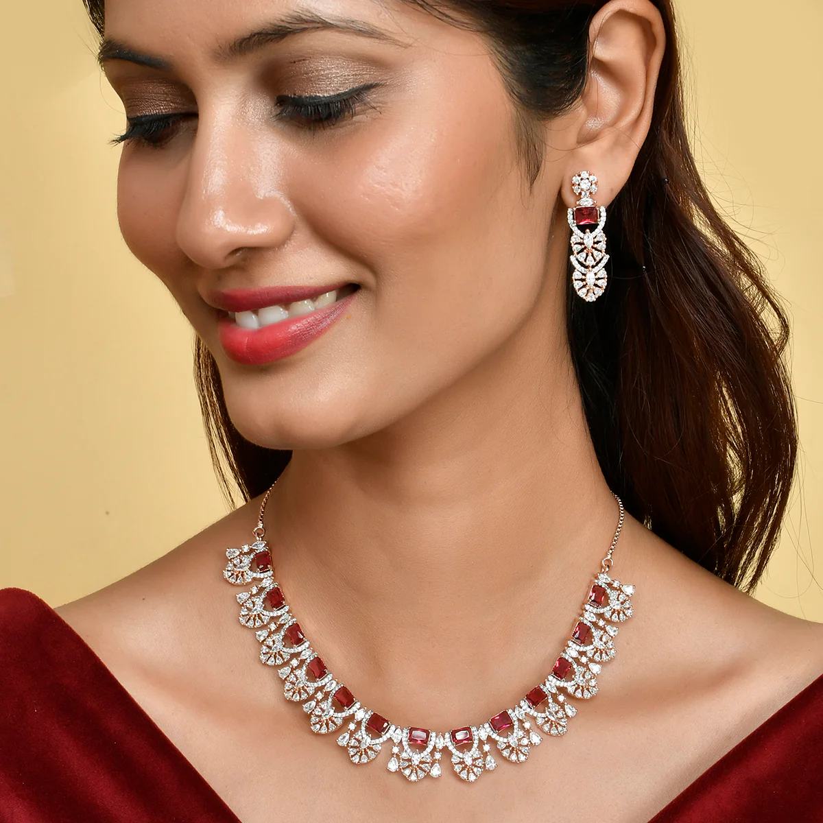 Sparkling Elegance Pink Rectangle Cut CZ Jewellery Set - Image 2