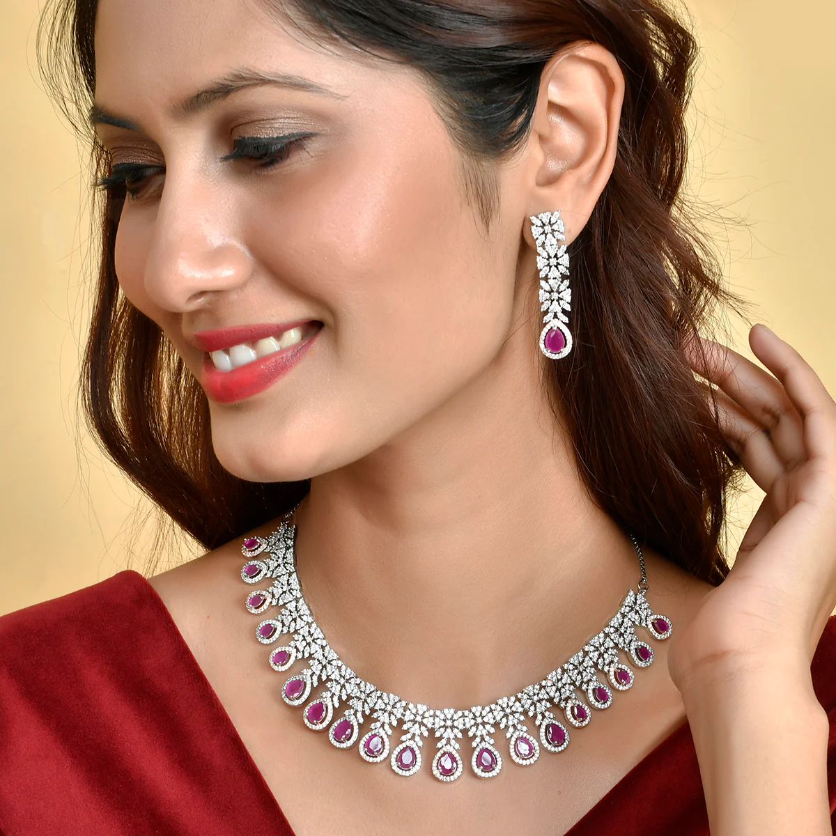 Sparkling Elegance Pink Teardrop CZ Jewellery Set - Image 2