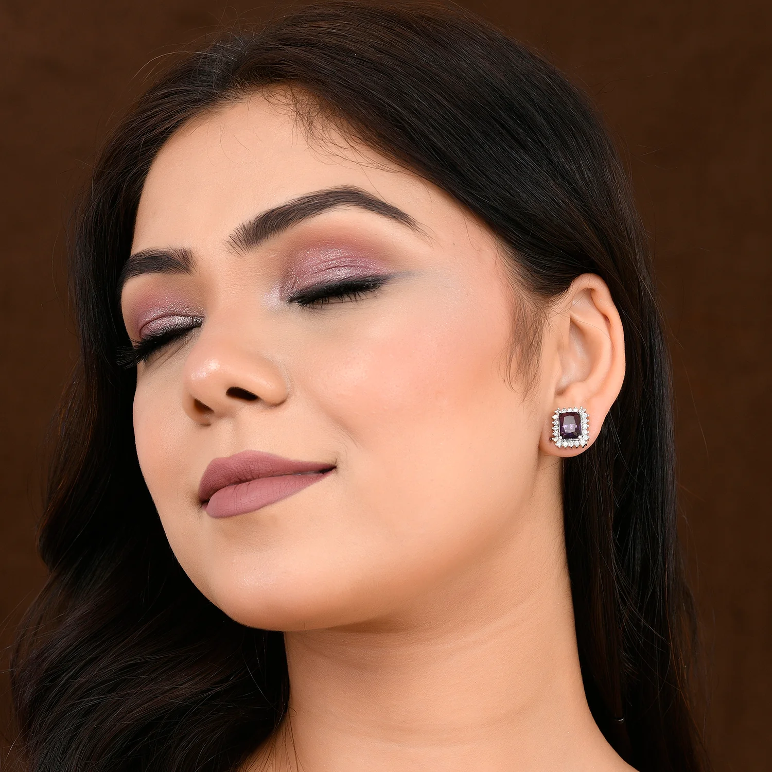 Sparkling Elegance Purple American Diamond Studs Earrings - Image 2