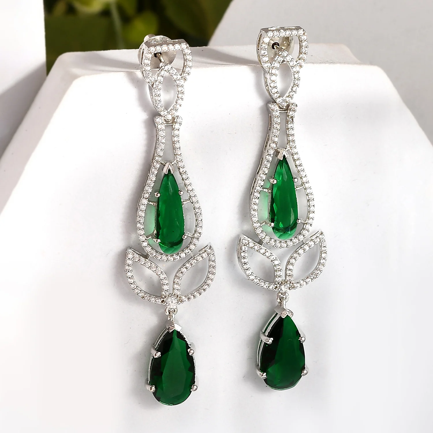 Sparkling Elegance Radiant Emerald American Diamond Dangler Earrings